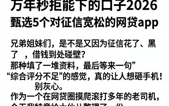 万年秒拒能下的口子2026，甄选5个对征信宽松的网贷app