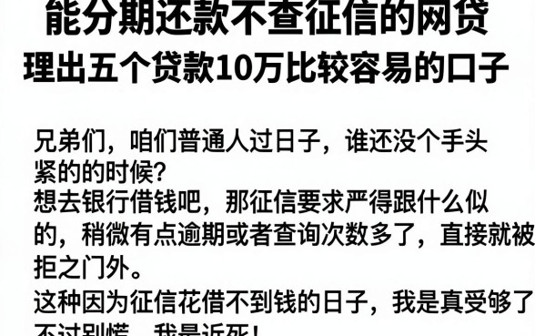 能分期还款不查征信的网贷,理出五个贷款10万比较容易的口子