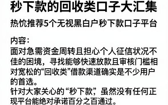 秒下款的回收类口子大汇集，热忱推荐5个无视黑白户秒下款口子平台