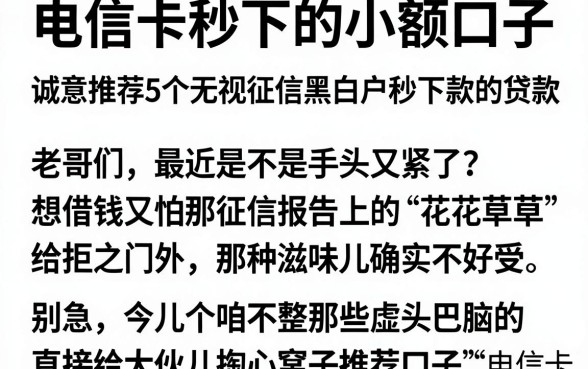 电信卡秒下的小额口子,诚意推荐5个无视征信黑白户秒下款的贷款