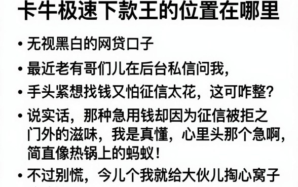 卡牛极速下款王的位置在哪里，条列五个无视黑白的网贷口子