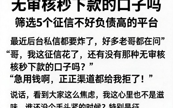 无审核秒下款的口子吗,筛选5个征信不好负债高的平台