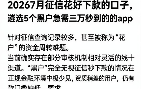 20267月征信花好下款的口子，遴选5个黑户急需三万秒到的的app