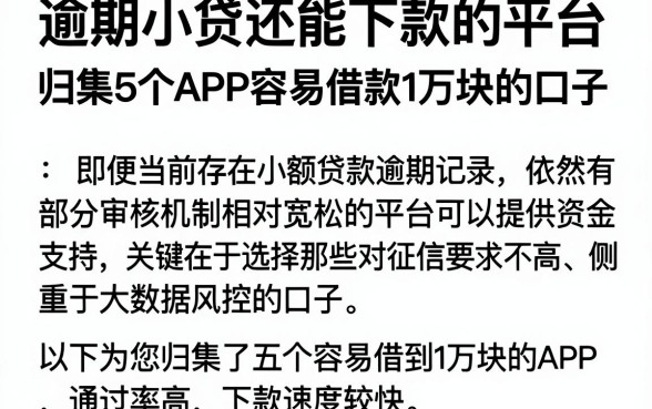 逾期小贷还能下款的平台，归集5个APP容易借款1万块的口子