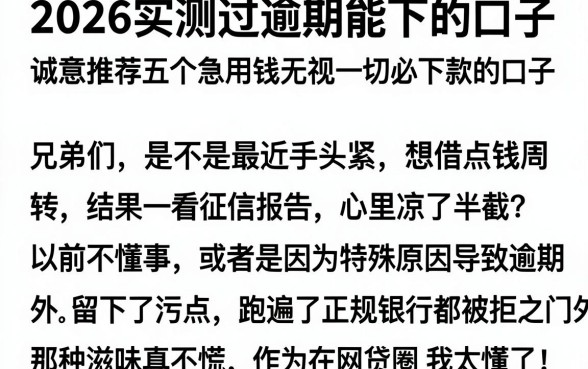 2026实测过逾期能下的口子,诚意推荐五个急用钱无视一切必下款的口子
