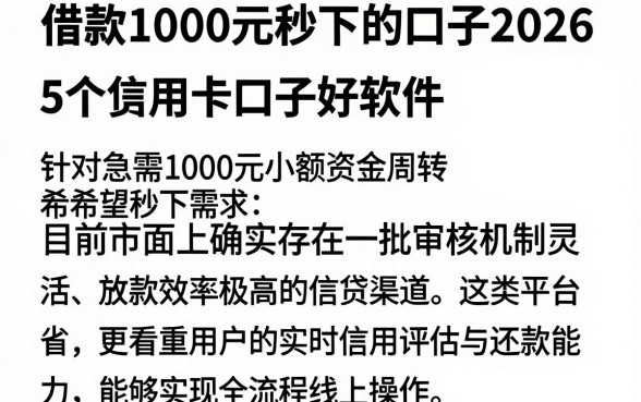 借款1000元秒下的口子2026，整合5个信用卡贷款口子好软件