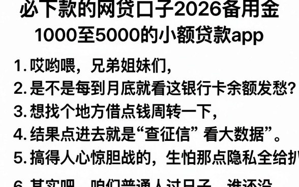 必下款的网贷口子2026备用金，条列5个1000至5000的小额贷款app