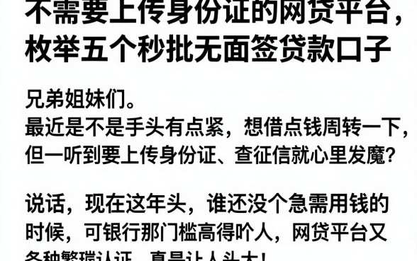 不需要上传身份证的网贷平台，枚举五个秒批无面签贷款口子