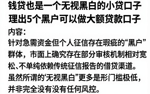 钱贷也是一个无视黑白的小贷口子，理出5个黑户可以做大额贷款口子