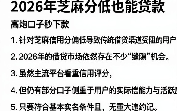 2026年芝麻分低也能贷款,条列五个高炮口子秒下款