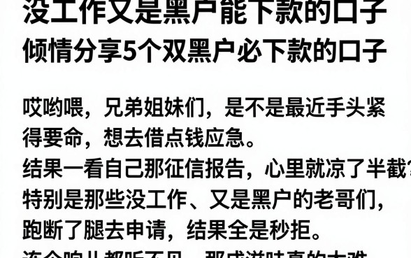 没工作又是黑户能下款的口子,倾情分享5个双黑户必下款的口子