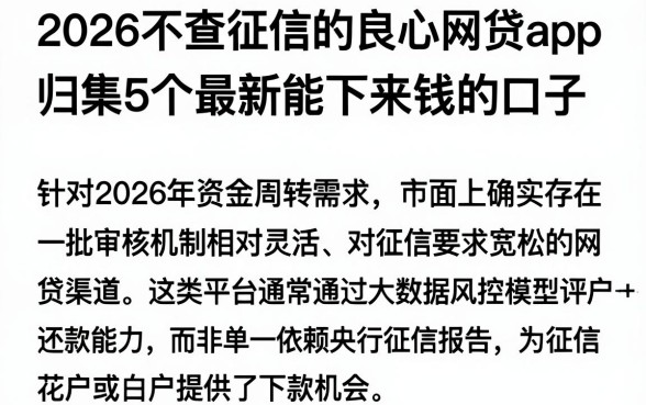 2026不查征信的良心网贷app,归集5个最新能下来钱的口子