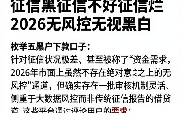征信黑征信不好征信烂2026无风控无视黑白,枚举五个黑户下款口子