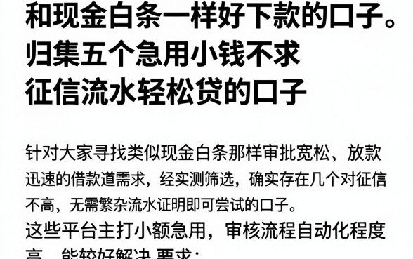和现金白条一样好下款的口子，归集五个急用小钱不求征信流水轻松贷的口子