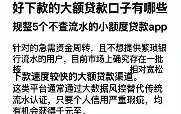 好下款的大额贷款口子有哪些，规整5个不查流水的小额度贷款app