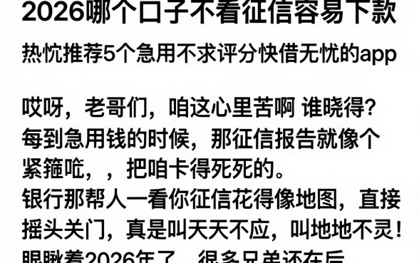 2026哪个口子不看征信容易下款,热忱推荐5个急用不求评分快借无忧的app