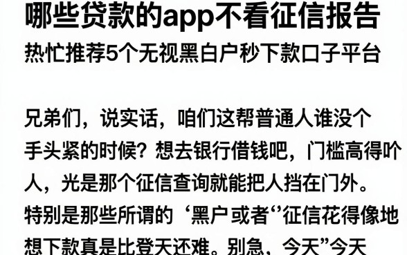 哪些贷款的app不看征信报告，热忱推荐5个无视黑白户秒下款口子平台