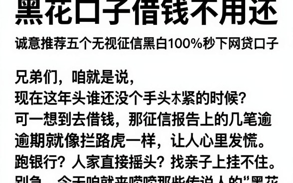 黑花口子借钱不用还,诚意推荐五个无视征信黑白100%秒下网贷口子