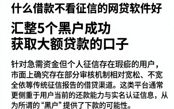 什么借款不看征信的网贷软件好，汇整5个黑户成功获取大额贷款的口子