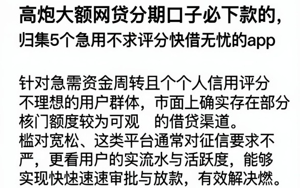 高炮大额网贷分期口子必下款的,归集5个急用不求评分快借无忧的app