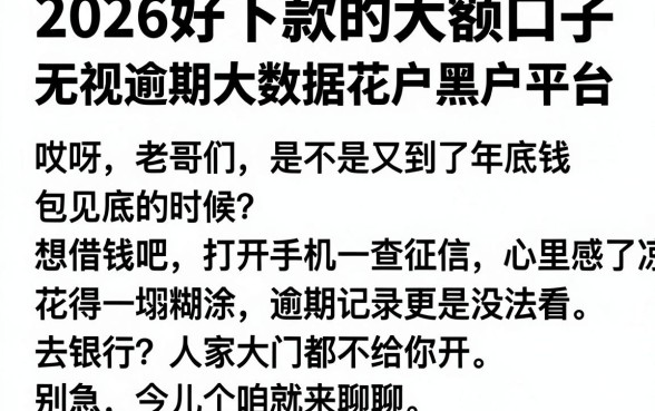 2026好下款的大额口子，整理五个无视逾期大数据花户黑户平台