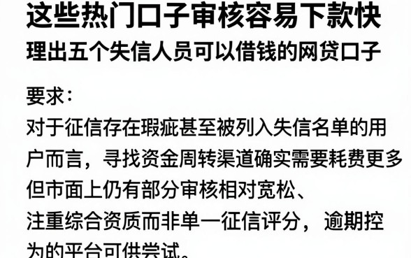 这些热门口子审核容易下款快，理出五个失信人员可以借钱的网贷口子