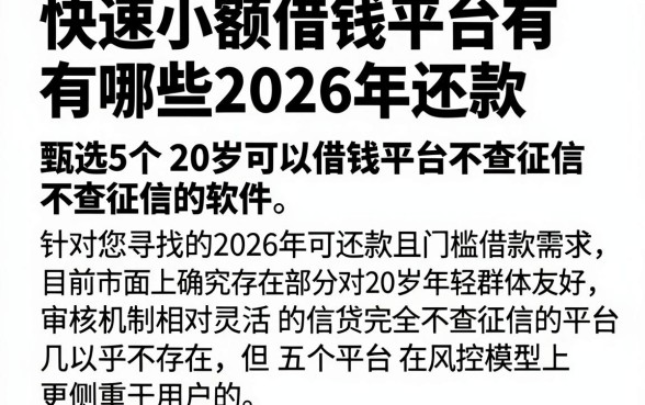 快速小额借钱平台有哪些2026年还款,甄选5个20岁可以借钱平台不查征信的软件