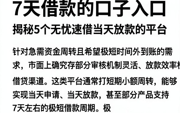 7天借款的口子入口，揭秘5个无忧速借当天放款的平台