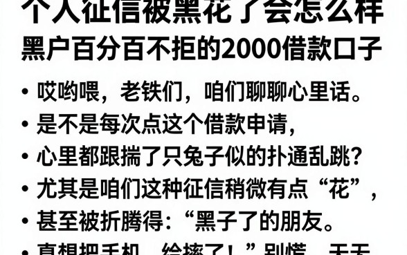 个人征信被黑花了会怎么样,整合五个黑户百分百不拒的2000借款口子