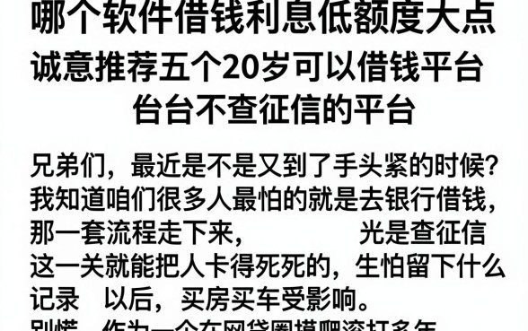 哪个软件借钱利息低额度大点,诚意推荐五个20岁可以借钱平台不查征信的平台