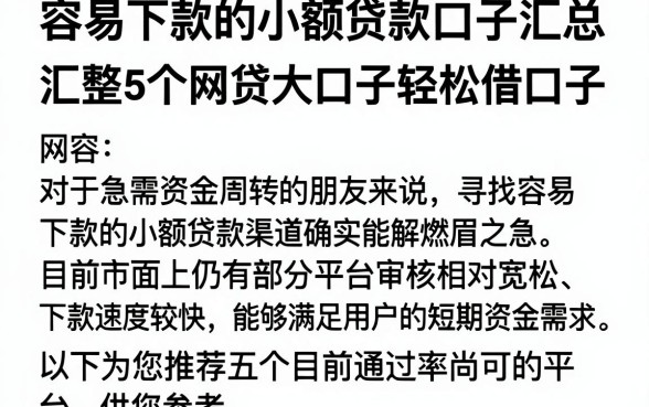 容易下款的小额贷款口子汇总,汇整5个网贷大口子轻松借口子