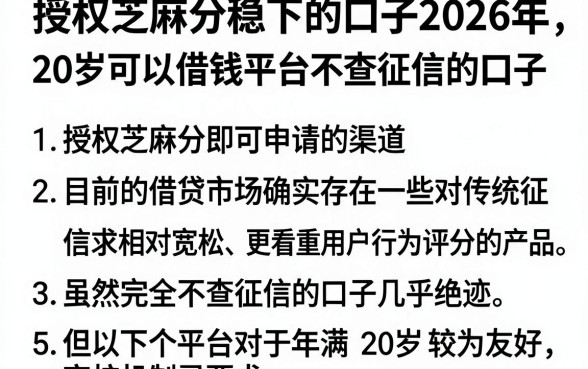 授权芝麻分稳下的口子2026年，条列5个20岁可以借钱平台不查征信的口子