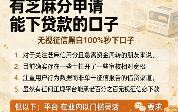 有芝麻分申请能下贷款的口子，条列5个无视征信黑白100%秒下口子
