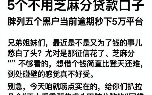 5个不用芝麻分贷款口子,胪列五个黑户当前逾期秒下5万平台