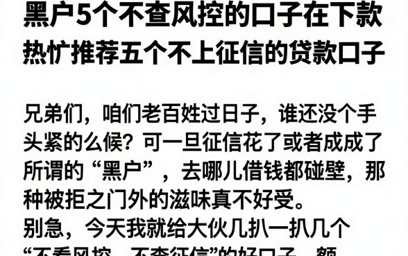黑户5个不查风控的口子在下款,热忱推荐五个不上征信的贷款口子