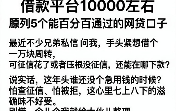 借款平台10000左右，胪列5个能百分百通过的网贷口子