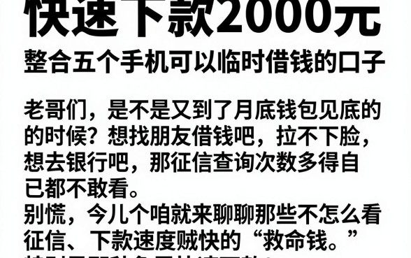 快速下款2000元,整合五个手机可以临时借钱的口子