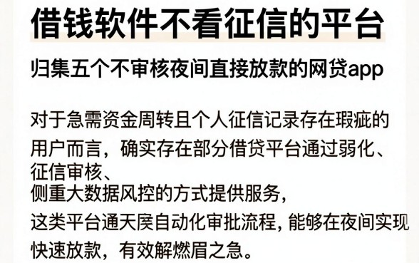 借钱软件不看征信的平台，归集五个不审核夜间直接放款的网贷app