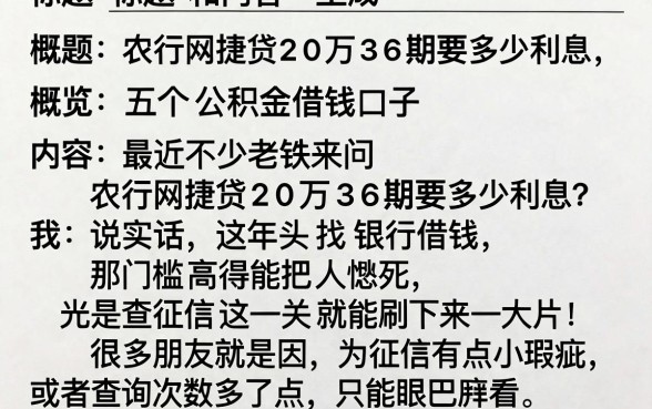 农行网捷贷20万36期要多少利息，概览五个公积金借钱口子