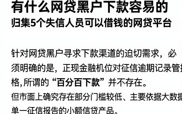 有什么网贷黑户下款容易的，归集5个失信人员可以借钱的网贷平台