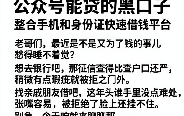 公众号能贷的黑口子，整合五个手机和身份证快速借钱平台