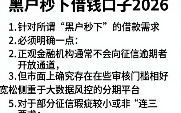 黑户秒下借钱口子2026，详细阐述5个分期有额度的网贷平台