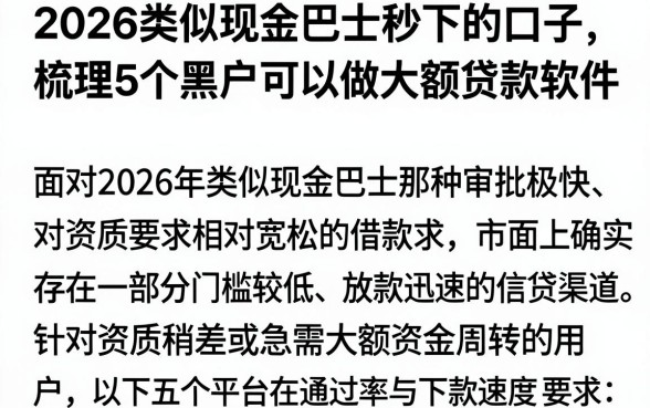 2026类似现金巴士秒下的口子,梳理5个黑户可以做大额贷款软件