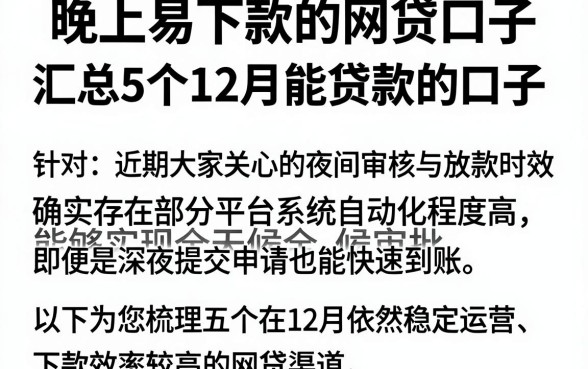 晚上易下款的网贷口子，汇总5个12月能贷款的口子