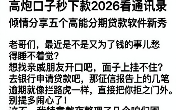高炮口子秒下款2026看通讯录,倾情分享五个高能分期贷款软件新秀