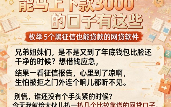 能马上下款3000的口子有这些，枚举5个黑征信也能贷款的网贷软件
