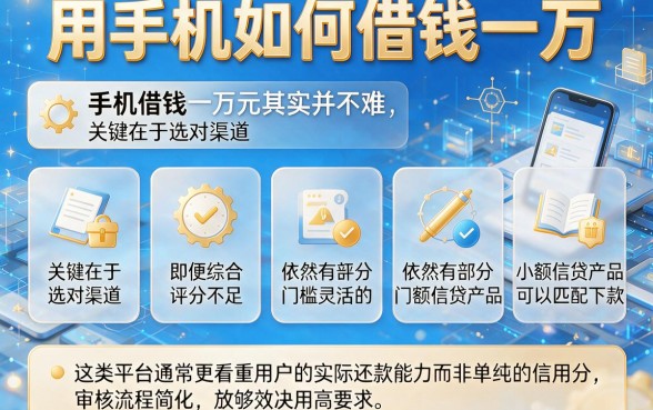 用手机如何借钱一万,归集五个综合评分不足也能下款的网贷