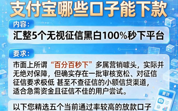 支付宝哪些口子能下款,汇整5个无视征信黑白100%秒下平台