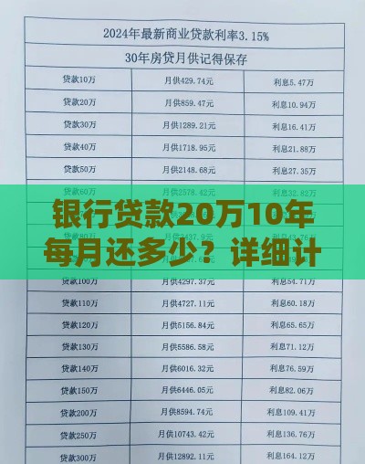 银行贷款20万10年每月还多少？详细计算与影响因素解析