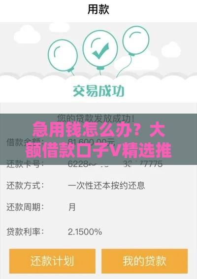 急用钱怎么办？大额借款口子V精选推荐，快速下款超靠谱！